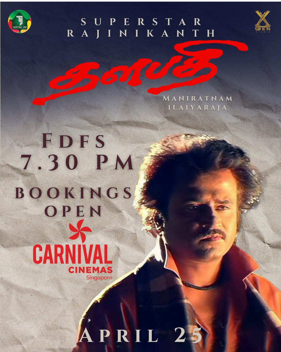 SG Cafe Singapore 𝕏 (@_sgcafe) on Twitter photo #Thalapathi bookings are now open!
Showtimes:
25th April 2025, Friday 7.30pm 26th April 2025, Saturday 8pm 27th April 2025, Sunday 2pm
Only at Carnival Cinemas Singapore
<a href="/JKSaravana/">JK Saravana</a> <a href="/uie_offl/">United India Exporters</a> <a href="/Mdanees_3/">Md Anees</a> <a href="/RajiniFansSG/">Rajinikanth Rasigar Narpani Mandram Singapore</a> <a href="/K_Koushik99/">K Koushik</a> <a href="/kousik23/">Kousik Karthikeyan</a> #Thalapathi bookings are now open!
Showtimes:
25th April 2025, Friday 7.30pm 26th April 2025, Saturday 8pm 27th April 2025, Sunday 2pm
Only at Carnival Cinemas Singapore
<a href="/JKSaravana/">JK Saravana</a> <a href="/uie_offl/">United India Exporters</a> <a href="/Mdanees_3/">Md Anees</a> <a href="/RajiniFansSG/">Rajinikanth Rasigar Narpani Mandram Singapore</a> <a href="/K_Koushik99/">K Koushik</a> <a href="/kousik23/">Kousik Karthikeyan</a>