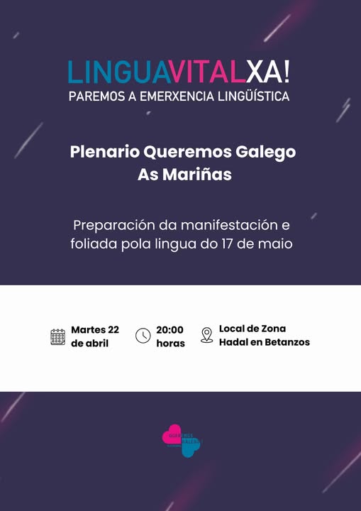 📷

RR fai parte que Queremos Galego!
Participa na reunión do Plenario comarcal de Queremos Galego. que será o vindeiro martes 22 de abril ás 20.00 h. no local de Zona Hadal (rúa Travesa, 37) en Betanzos.