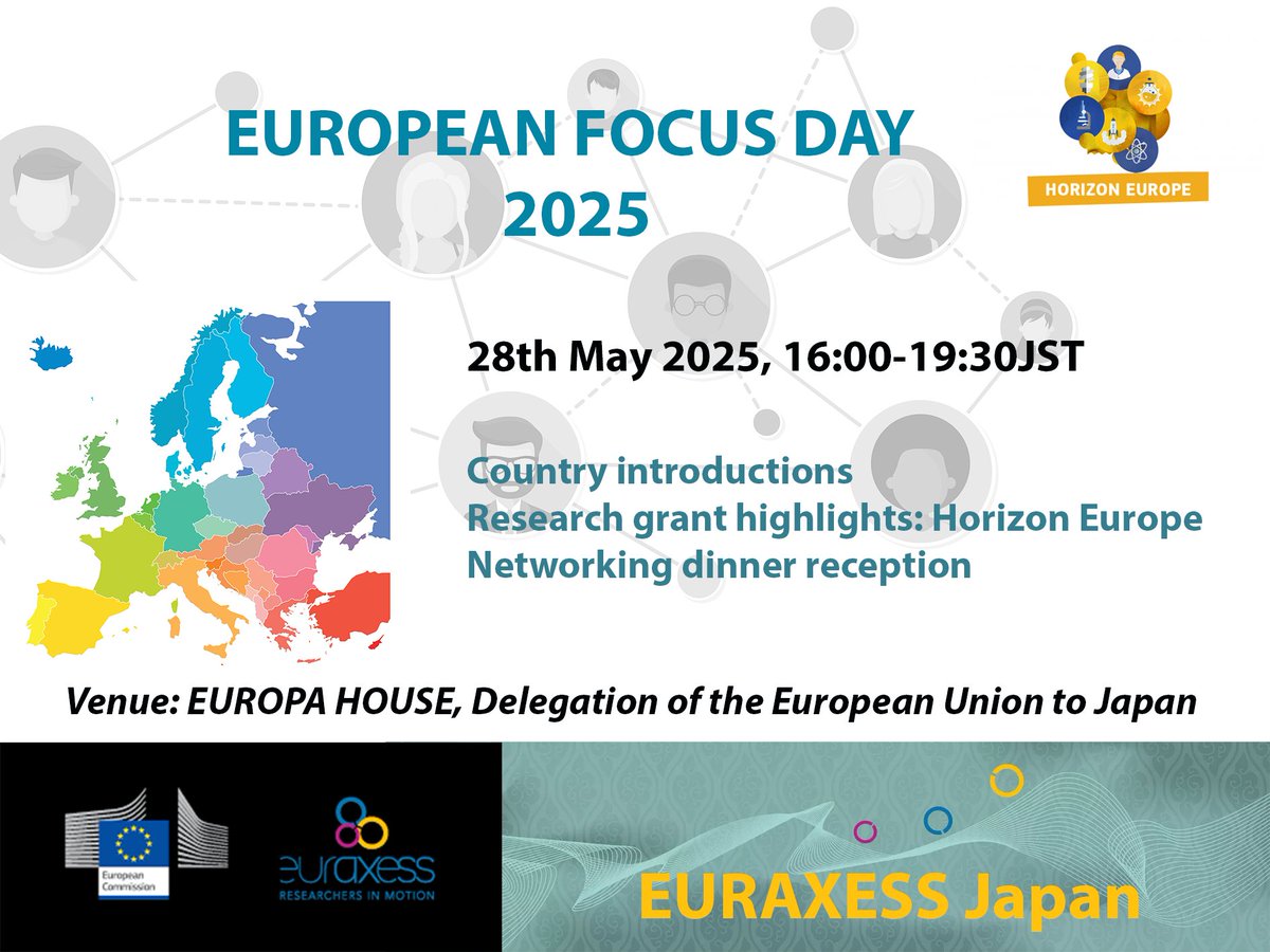 EUROPEAN FOCUS DAY 2025

- Country introductions
- Research grant highlights: Horizon Europe
- Networking dinner reception

WHEN: 28th May 2025, 16:00-19:30JST
WHERE: Europa House, Tokyo

<a href="/NorwayinJapan/">ノルウェー大使館</a> <a href="/EUinJapan/">駐日欧州連合代表部🇪🇺</a> <a href="/EUAmbJapan/">ジャン＝エリック・パケ || Jean-Eric Paquet</a> <a href="/EUJPHelpdesk/">EU-JP ITC Helpdesk</a> <a href="/EUJapanCentre/">EU-Japan Centre</a>  <a href="/EU_Commission/">European Commission</a>