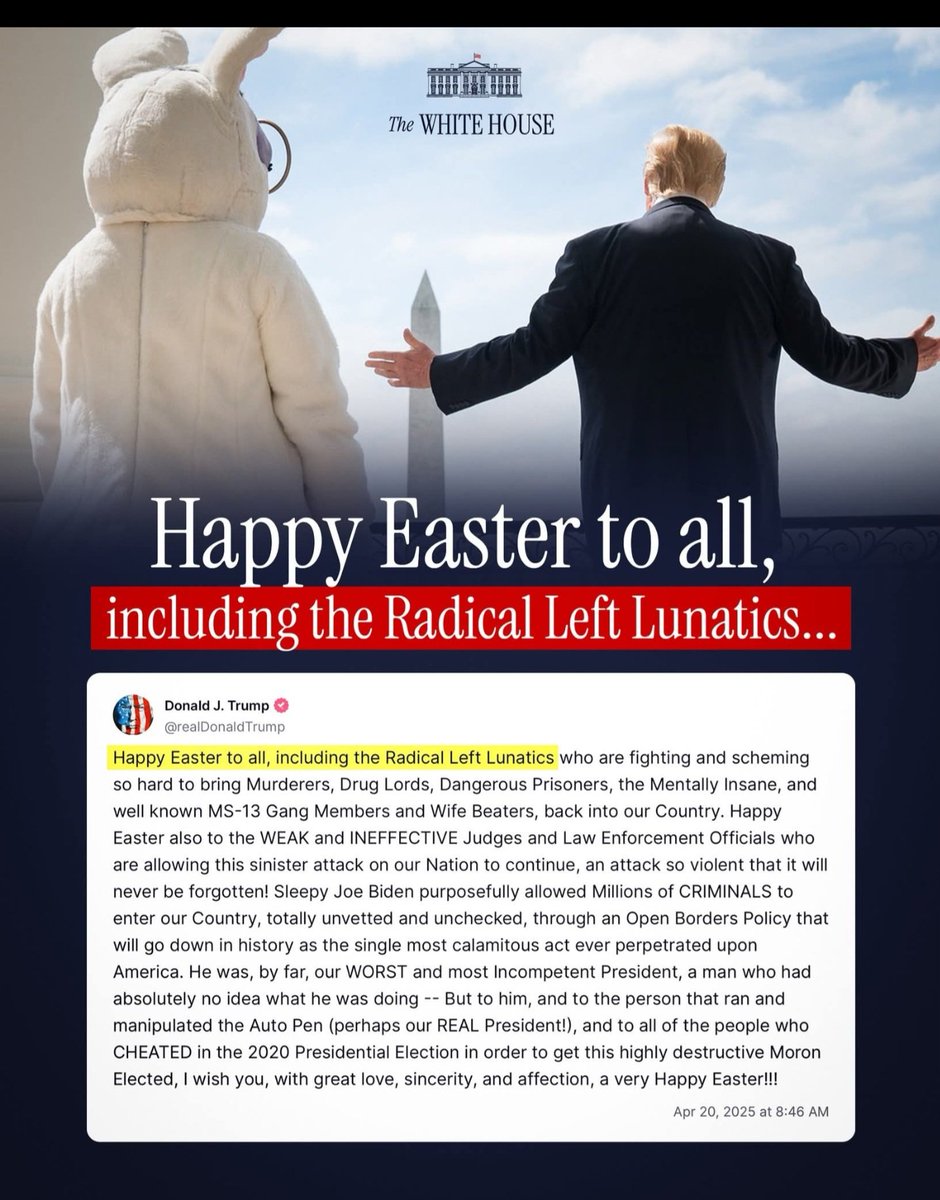 SteveShirt's tweet image. WHY?  I thought this was fake, but I guess it's real. Why would Trump post this ..at Easter?? Getting so much negative feedback, and I can't say I blame them. Very un presidential and I  poor taste.
Thoughts?
#easterpost #trumpeastermessage
#presidentTrump #Easter2025
