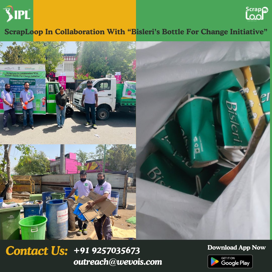 scraploop's tweet image. 🏏 This IPL season at SMS Stadium, Scraploop by WeVOIS, in collaboration with @bisleri_official, is turning the tide on plastic waste! 🌊♻️

Big shoutout to Bisleri for championing circular solutions during one of the biggest sporting events in the country! 🙌

#BottleForChange