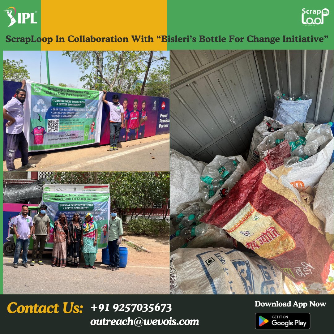 scraploop's tweet image. 🏏 This IPL season at SMS Stadium, Scraploop by WeVOIS, in collaboration with @bisleri_official, is turning the tide on plastic waste! 🌊♻️

Big shoutout to Bisleri for championing circular solutions during one of the biggest sporting events in the country! 🙌

#BottleForChange