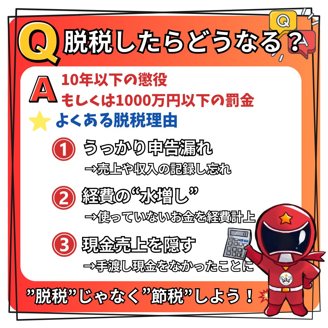 第22話 脱税したらどうなる！？】 脱税は意図的ではなくても、罰金！ 罰金以外にも刑罰を受ける可能性もある！💥 過去には追徴課税で500万円以上支払った例も。。！💥  納税額を減らしたいなら脱税せずに お金の知識をつけて”節税”してくれよな！💥 #節税 #脱税 #税理士 ...