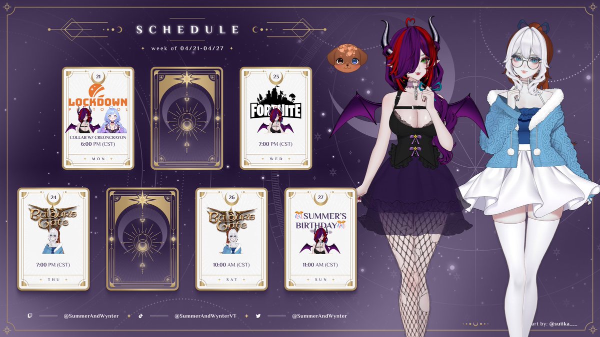 Scheddy for the week! Collabing with <a href="/creoncrayon/">CreonCrayon 🖍️🦇</a> on Monday and it's my BIRTHDAY ON SUNDAYYYY!!!! #vtuber #envtuber #gamergirls #birthdaystream #lockdownprotocol #fortnite #BaldursGate3 #birthdaygirl