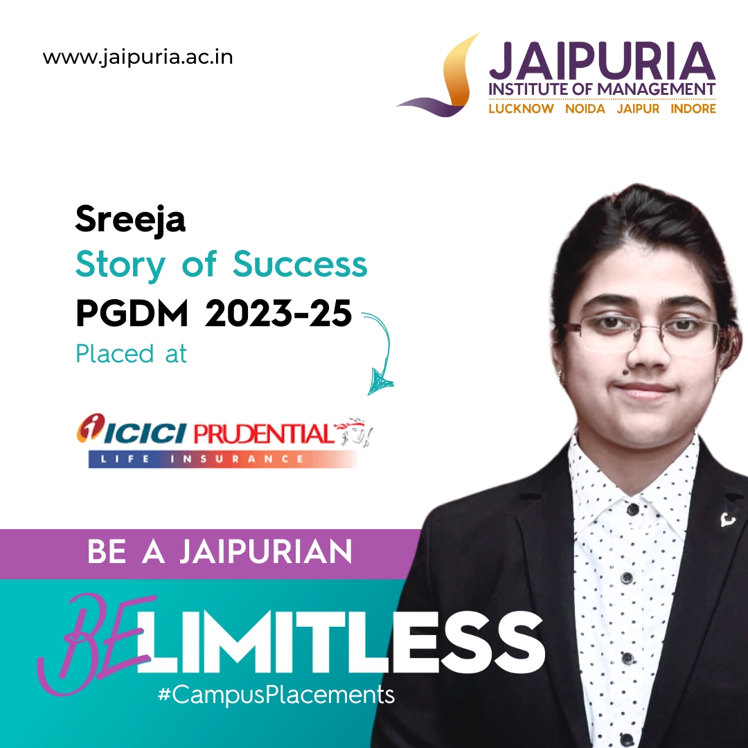 From PGDM 2023–25 to ICICI Prudential! 🚀
Sreeja’s growth at Jaipuria reflects how leadership is nurtured.
💡 Where learning meets opportunity.

Apply now 👉 jaipuria.ac.in
#BeLimitless #CampusPlacements #ICICIPrudential #MBAJourney #JaipuriaSuccess