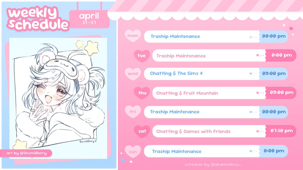 βοΈStardustKumaπ» (@stardustkuma) on Twitter photo Schedule for the week of April 21-27 βοΈπ» Schedule for the week of April 21-27 βοΈπ»