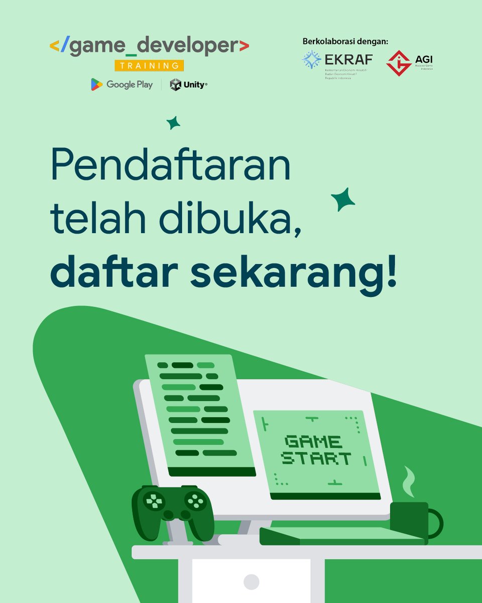 dicoding's tweet image. 🎮Panggilan kepada seluruh Game Developer di Indonesia! Hari ini merupakan kesempatanmu untuk mencapai passionmu!
Pendaftaran Game Developer Training Google Play x Unity Program 2025 telah DIBUKA.
#Dicoding #GooglePlay #Unity #AsosiasiGameIndonesia #EKRAF