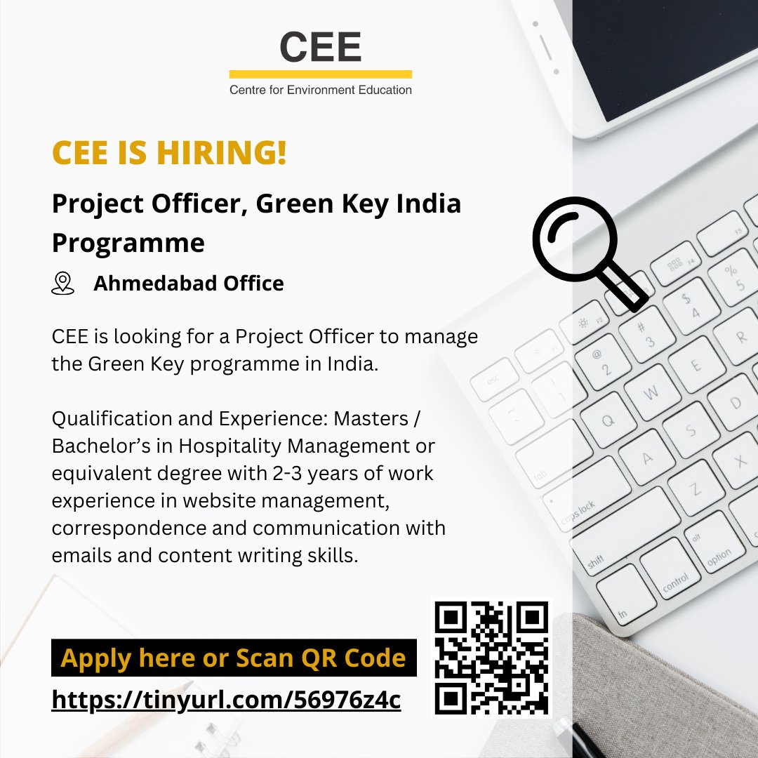 𝐂𝐄𝐄 𝐢𝐬 𝐡𝐢𝐫𝐢𝐧𝐠!
We are looking for a Project Officer to manage the Green Key India programme.
Apply: ceeindia.org/career/
#hiring #jobopening
