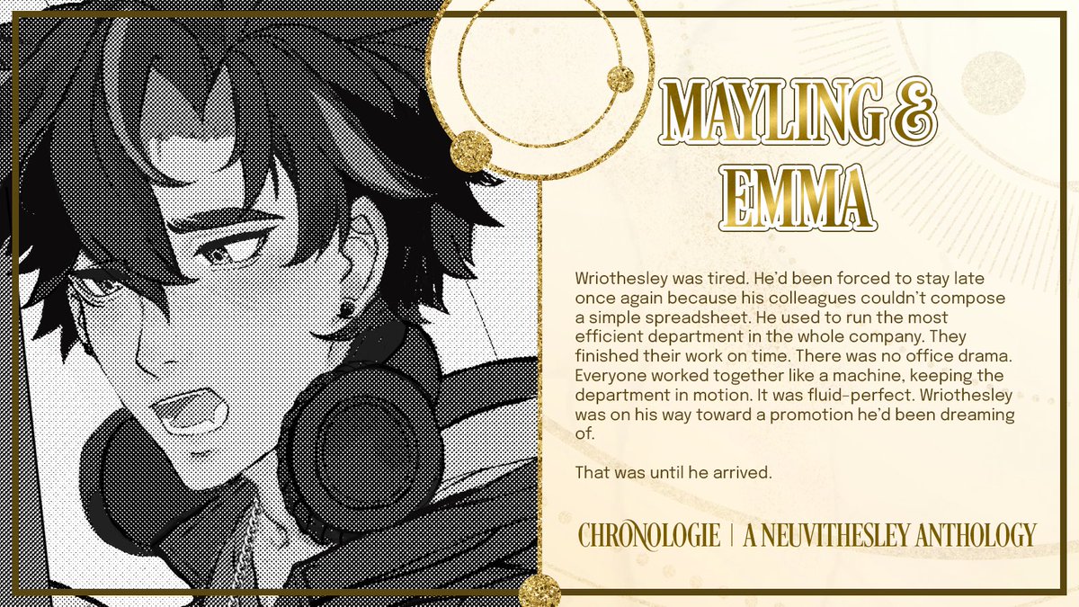 preview of my piece for chronologie!

What happens when exhausted office worker Wriothesley ends up trapped in an elevator with a gorgeous man? Love at first sight! If he only knew the man was actually the CEO!

POs open until April 28! | #Neuvithesley

🔗 804blossoms.bigcartel.com