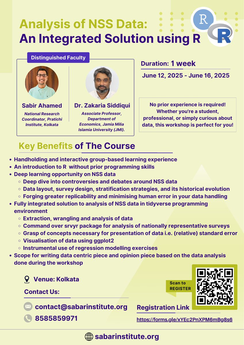 🚀 Exciting opportunity!

Join our 1-week workshop on Analysis of NSS Data using R in Kolkata (June 12-16, 2025). No prior experience needed! Learn from experts, dive into NSS data and master R for data wrangling, visualization &amp; more

#DataForBetterLives #RStats #NSSData