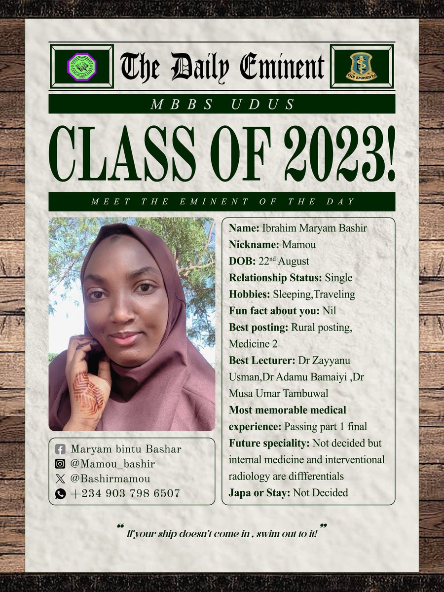 The_eminents23's tweet photo. EMINENT OF THE DAY♒

A woman who always stands tall, regardless of the situation!

Meet Maryam aka Mamou, an amiable doctor in the making who knows just how to recharge her social battery - a good sleep and a trip around a state or two!

With her best postings in- Rural Posting https://t.co/bzBAKosfE5