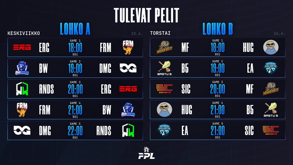 🔵 FPL-viikko starttaa keskiviikkona! 🔵

Luvassa taas täysi kattaus huippumatseja, kun Lohko A &amp; B iskevät yhteen. 
Kuka ottaa tärkeät pisteet ja kuka jää jalkoihin? 👀

👇 Tarkemmat aikataulut &amp; selostaja parit Discordissa!

#SPRINTTI