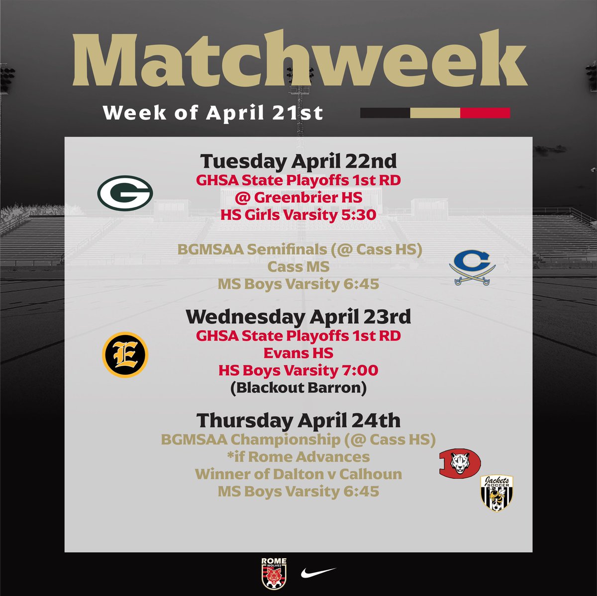 Matchweek

Playoffs start this week.

Help us Blackout Barron on Wednesday for our first Rd Playoff match. 

⚫️⚽️⚫️🐺