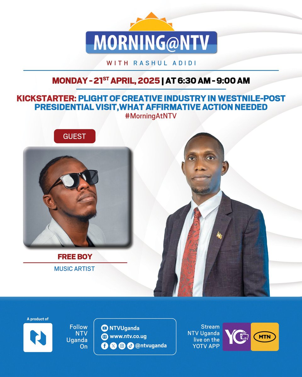 Goodmornig Westnile 
We are going live anytime right now on NTV Uganda , switch on your tv or stream on your phone and catch up with morning@ntv  
And listen to what we have to say about the plight of Westnile music industry