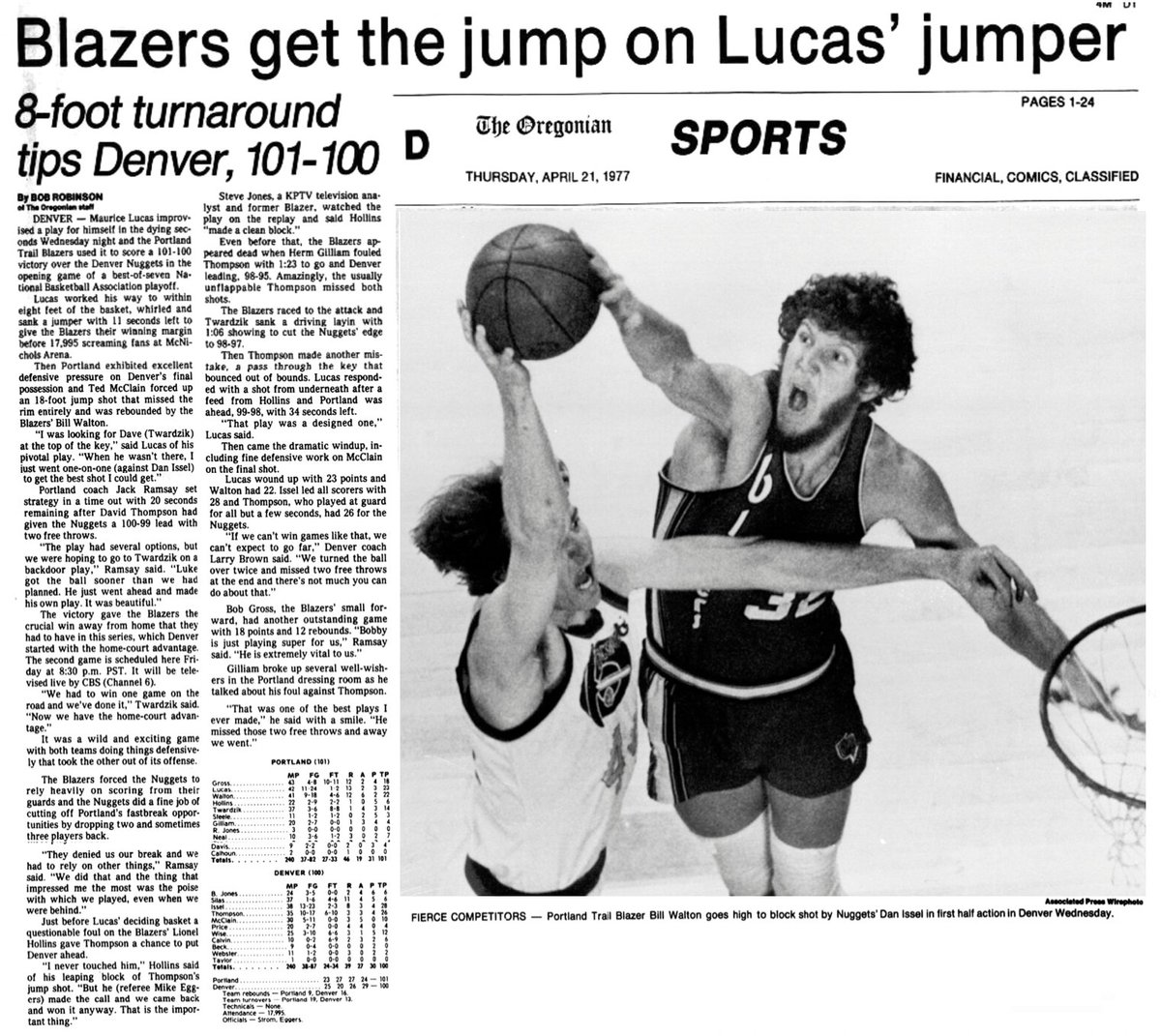 77Blazers's tweet photo. April 20, 1977 - The @trailblazers stole the home-court advantage from the @nuggets when #MauriceLucas scored on a "broken play" to put the #Blazers.

Trailing by a point with after #DavidThompson put the #Nuggets up 100-99 with 20 seconds left, the Blazers called time-out to draw up the winning play. "We had several options but we were hoping to go to #DaveTwardzik on a back door play," said #Blazers coach #JackRamsay. "Luke got the ball sooner than we planned. It was beautiful."

Lucas finished with team high 23 points and grabbed 13 rebounds. The Blazers front line of #BillWalton (22 points and 12 rebounds) and #BobbyGross (18 and 12) combined for 63 points and 37 rebounds compared to the #Nuggets frontline 40 points and 21 rebounds. #DanIssel scored a game high 28 points and grabbed 8 rebounds to lead Denver.

The @NBAOfficial's, who are still on strike, have called for a 48-hour halt to picketing the games, hoping to spur further talks. The @NBA referees have been on strike for 10 days.

After the game, #NBA Official #EarlStrom and #MikeEggers were escorted off the court by police as Strom was targeted for a "death threat." Strom was one of two #NBA refs that has crossed the picket line. 

#RipCity #ThisDateinBlazersHistory #OTD