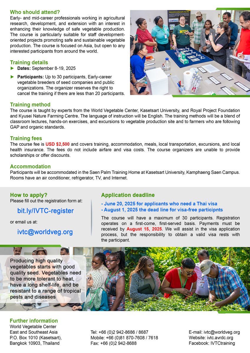 🌱 Join the 42nd IVTC on Safe Vegetable Production! 📅 Sep 8–19, 2025 📍Thailand ✅ Apply: ivtc.avrdc.org #IVTC2025 #SafeVegetableProduction #WorldVeg