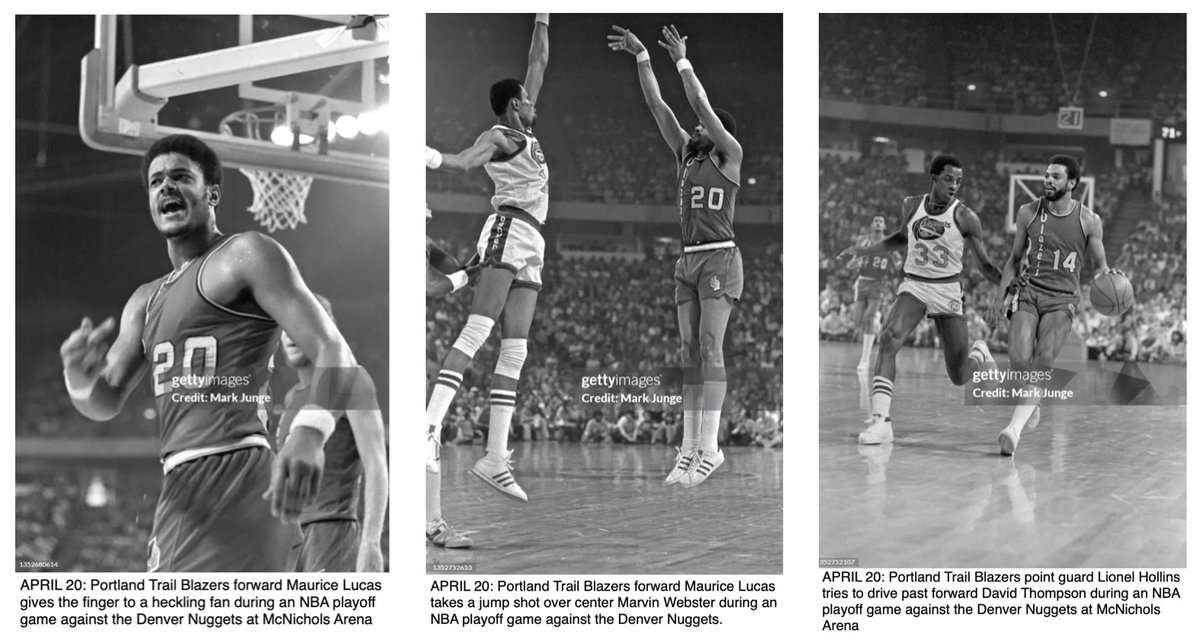77Blazers's tweet photo. April 20, 1977 - The @trailblazers stole the home-court advantage from the @nuggets when #MauriceLucas scored on a "broken play" to put the #Blazers.

Trailing by a point with after #DavidThompson put the #Nuggets up 100-99 with 20 seconds left, the Blazers called time-out to draw up the winning play. "We had several options but we were hoping to go to #DaveTwardzik on a back door play," said #Blazers coach #JackRamsay. "Luke got the ball sooner than we planned. It was beautiful."

Lucas finished with team high 23 points and grabbed 13 rebounds. The Blazers front line of #BillWalton (22 points and 12 rebounds) and #BobbyGross (18 and 12) combined for 63 points and 37 rebounds compared to the #Nuggets frontline 40 points and 21 rebounds. #DanIssel scored a game high 28 points and grabbed 8 rebounds to lead Denver.

The @NBAOfficial's, who are still on strike, have called for a 48-hour halt to picketing the games, hoping to spur further talks. The @NBA referees have been on strike for 10 days.

After the game, #NBA Official #EarlStrom and #MikeEggers were escorted off the court by police as Strom was targeted for a "death threat." Strom was one of two #NBA refs that has crossed the picket line. 

#RipCity #ThisDateinBlazersHistory #OTD