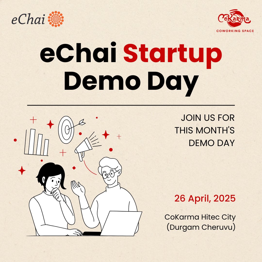 CoKarma_In's tweet image. 🚀 Join us for eChai Startup Demo Day – April Edition!
📅 April 26 | ⏰ 6 PM
📍 CoKarma, Hitec City, Hyderabad
Network, pitch, connect with top founders &amp;amp; industry leaders!
🎟 Register: echai.ventures/events/echai-s…
🚀 Pitch? Apply: forms.gle/2N6rtJejV5huQv…