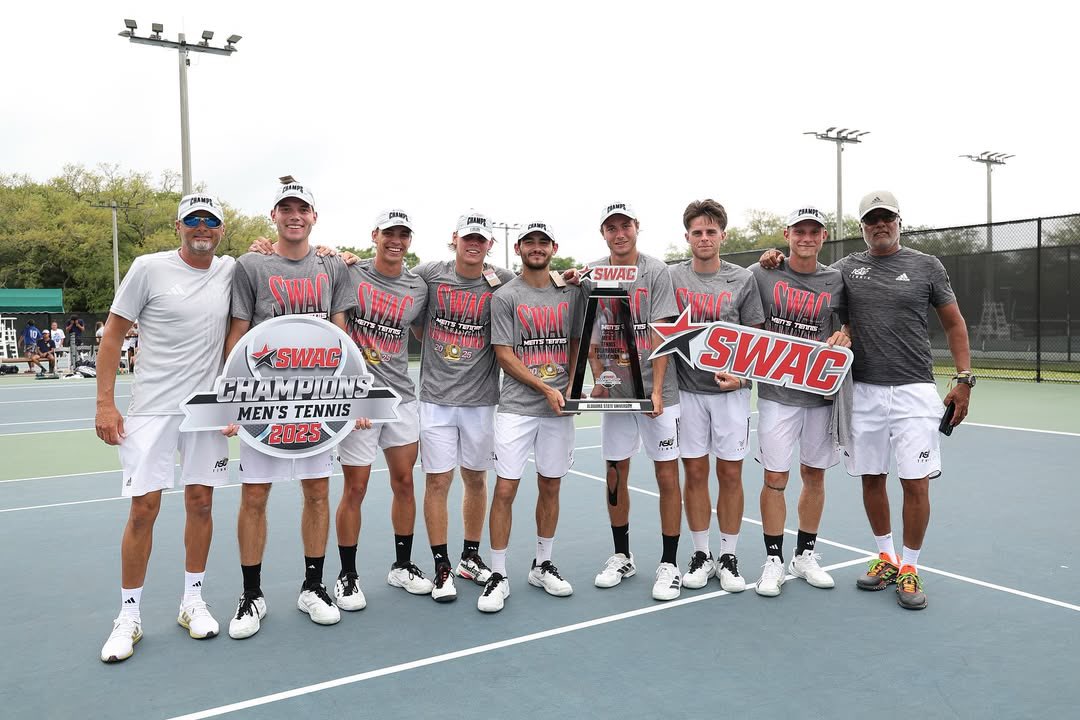 theswac's tweet photo. 𝙎𝙒𝘼𝘾 𝘾𝙝𝙖𝙢𝙥𝙨 🏆

Congratulations to Alabama State on winning the 2025 SWAC Men’s Tennis Championship! 

#SWACMTEN | #BuildingChampionsForLife https://t.co/rsZcOtS7VC
