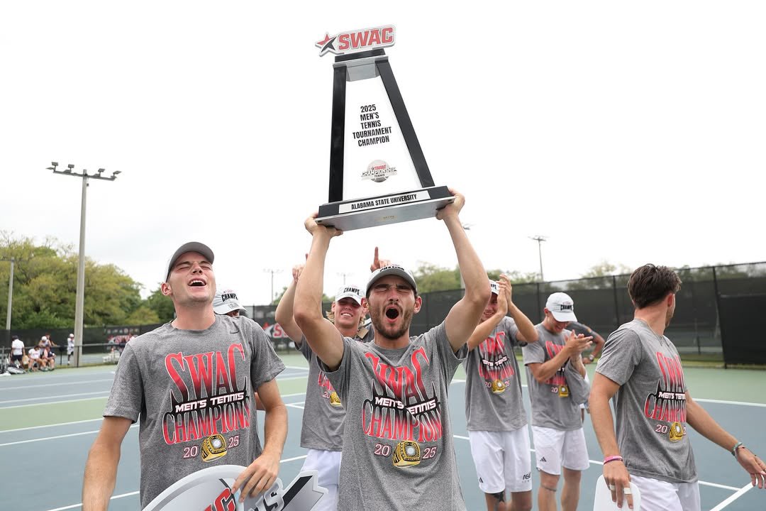 theswac's tweet photo. 𝙎𝙒𝘼𝘾 𝘾𝙝𝙖𝙢𝙥𝙨 🏆

Congratulations to Alabama State on winning the 2025 SWAC Men’s Tennis Championship! 

#SWACMTEN | #BuildingChampionsForLife https://t.co/rsZcOtS7VC