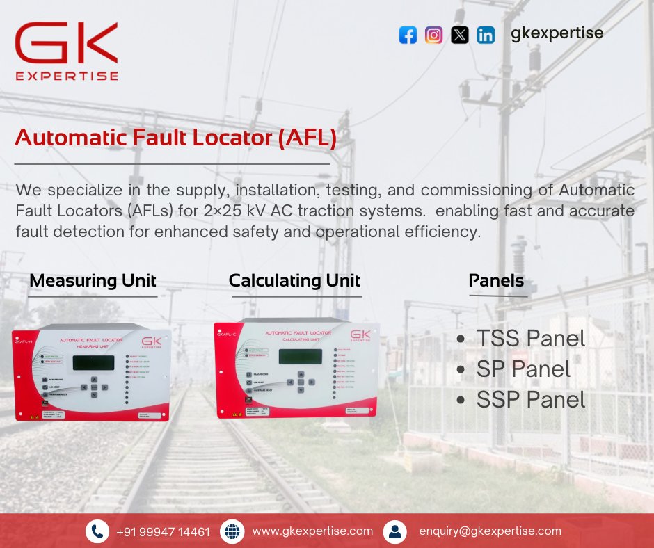 gk_expertise's tweet image. Automatic Fault Locator (AFL) | GK Expertise

Get in Touch With Us

📲 +91 99947 14461
📤 enquiry@gkexpertise.com
🔗 gkexpertise.com

#gkexpertise #AFL #RailwayProtection #Traction #tractionprotection