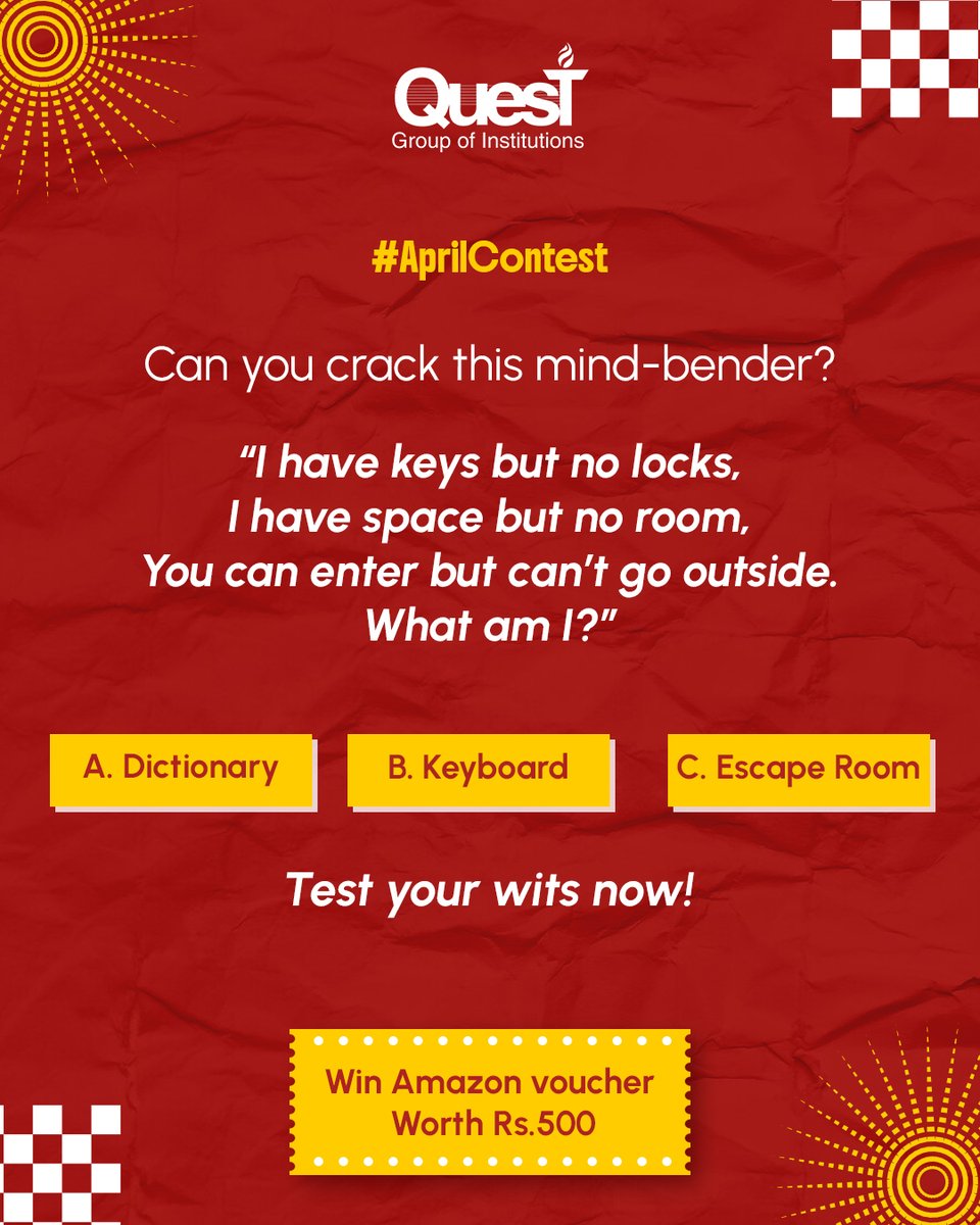 🧠 Think you're the smartest?
Crack the riddle &amp; win ₹500 Amazon voucher! 💸
Follow @quest_chandigarh, like, share, comment with your answer + tag 3 friends.
Use #QuestContest
⏰ Ends: 24.04.25 | 10AM
🏆 Winner via Lucky Draw