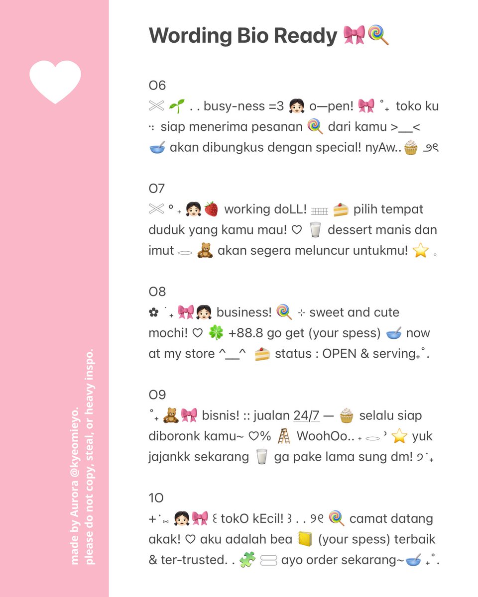 help repost please? tencuw! <3 

+ ࣪ ⑅ 👧🏻🎀 ada 10 wording bio ready stock for BA nyiMut yang siap dijemput dengan 3.5OO / each! 🍭 take 3 hanya 1O.OOO saja~ 🥣  see u di dm..! ♡

#zonauang rs biography