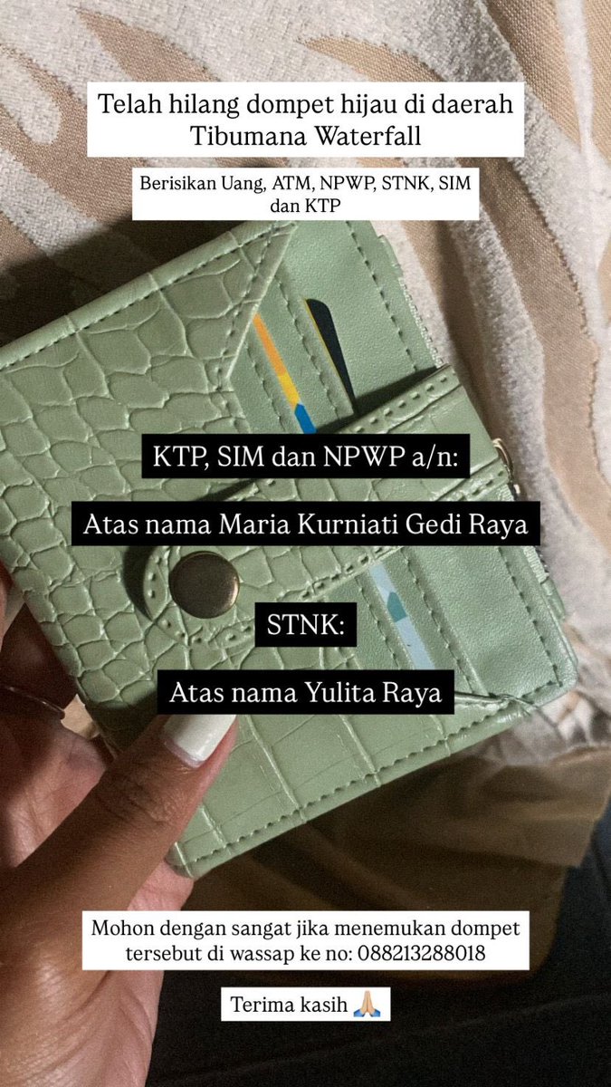 levantcrs's tweet photo. X DO YOUR MAGIC ✨

temen aku kehilangan dompet yang isinya ada uang + kartu kartu yang penting.

untuk warga asli/visatawan sekitar ubud-apuan (Tibumana Waterfall), jika menemukan dompet hijau seperti yang ada di gambar ini bisa hubungin aku via dm yaa! 💗 https://t.co/j9N3mQcsmI