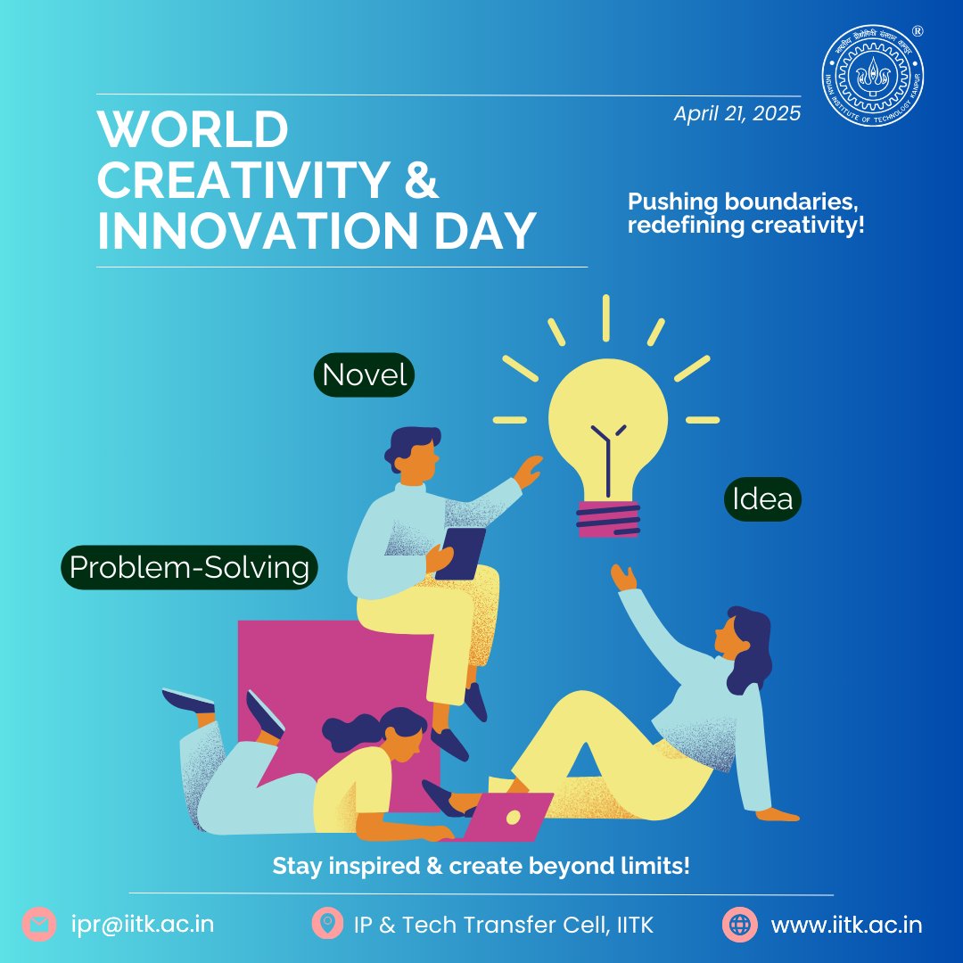 IP &amp; Technology Transfer Cell of IIT Kanpur celebrates World Creativity &amp; Innovation Day 2025 with the year’s theme “Step Out &amp; Innovate”, inspiring us to explore new ideas &amp; translate them into impactful solutions.
#WorldCreativityandInnovationDay  #creativity #idea #technology