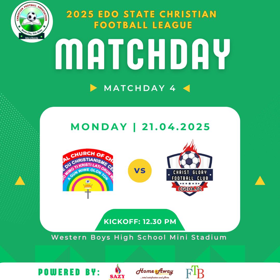 EdoChristianFL's tweet photo. Matchday Alert! ⚽️

Get ready for an exciting day of football! 🏆 

Today's fixtures in the Edo Christian Football League promise thrilling action on the pitch! 🌟

Come out and support your favorite teams! 🎉

#EdoChristianFL #Matchday #LaCasaDeLosFamososCol #Coachella2025 https://t.co/impOIaVTjF