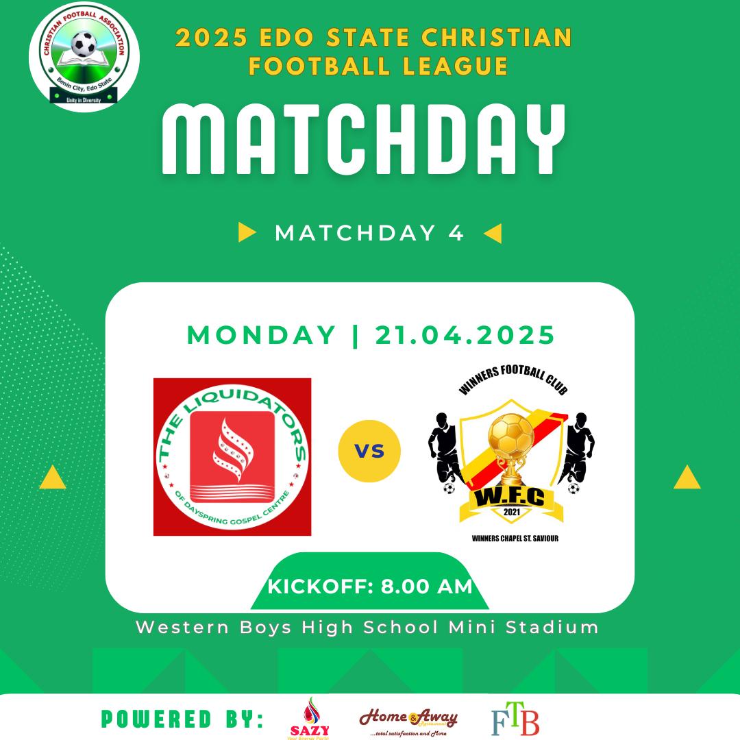 EdoChristianFL's tweet photo. Matchday Alert! ⚽️

Get ready for an exciting day of football! 🏆 

Today's fixtures in the Edo Christian Football League promise thrilling action on the pitch! 🌟

Come out and support your favorite teams! 🎉

#EdoChristianFL #Matchday #LaCasaDeLosFamososCol #Coachella2025 https://t.co/impOIaVTjF