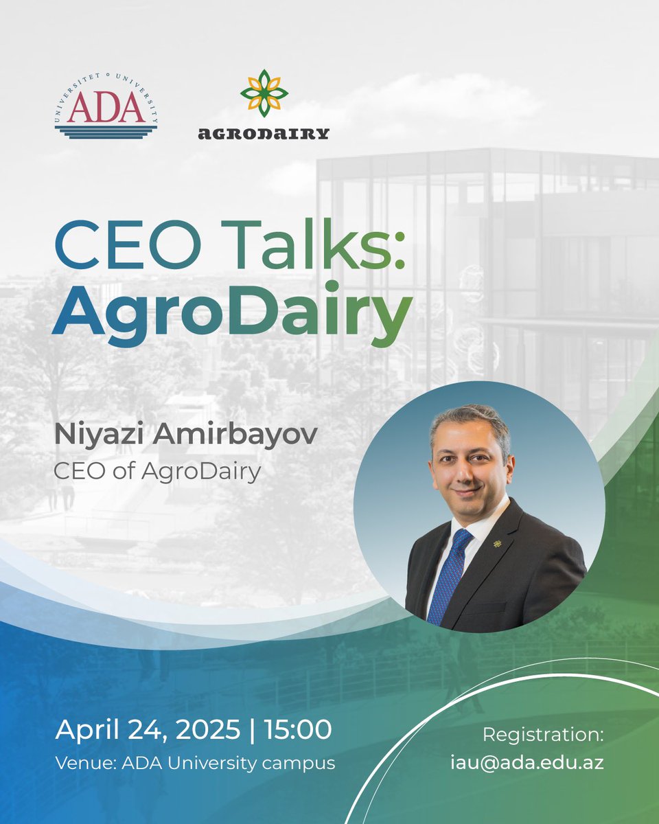 ADAUniversity's tweet image. 🔺Talks at ADA led by AgroDiary CEO Niyazi Amirbayov.
➡️Learn more about the agro landscape from an insider.

✔️The session is open to parents, high school students, and anyone curious about the future of food and farming.

#Agriculture #Food #InfoSession