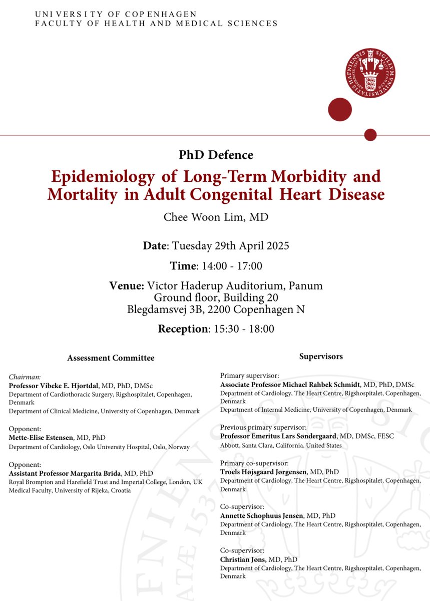 📢 Two more PhD defences coming up before April ends!

- lncidence, diagnostic challenges, patient characteristics, and outcomes in patients with prosthetic valve endocarditis

- Epidemiology of Long-Term Morbidity and Mortality in Adult Congenital Heart Disease

Join us in