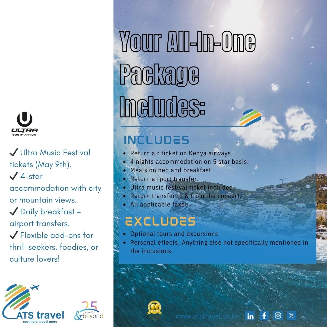 ATSTravelKe's tweet image. 🔥 Hot Take: Cape Town in May &amp;gt; Anywhere Else. Here’s Why
✅ Ultra Music Festival’s 10th Anniversary ( we’ve got your tickets).
✅ Fewer crowds, epic autumn vibes.
✅ Add-ons
📞 0722 711928
📧 kefai@atstravel.co.ke
🌐 atstravel.co.ke 
#CapeTown #Ultra2024 #ULtraSA2025