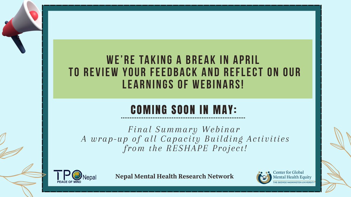 📢 NMHRNN Webinar Series: Break Announcement

From July 2021 to March 2025, we held 38 webinars under the RESHAPE project! 🙌 We're taking a short break this April and will be back in May with a summary webinar. Stay tuned!

🎥 Catch up here: bit.ly/3Uehupb
#NMHRN