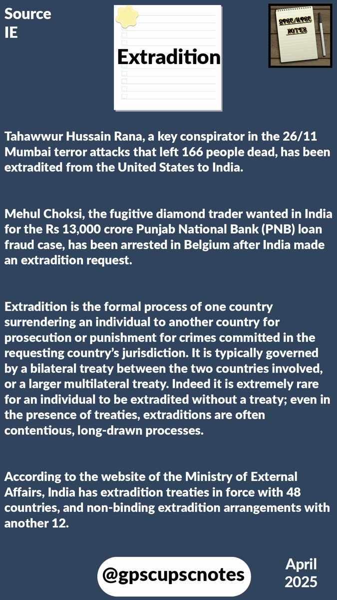 gpscupscnotes's tweet image. Extradition
પ્રત્યાર્પણ

#Extradition
#પ્રત્યાર્પણ 

#GPSC 
#UPSC 
#FPSC
#MPSC 
#KPSC 
#PPSC
#TPSC
#MPPSC 
#UPPSC 
#TNPSC 
#APPSC