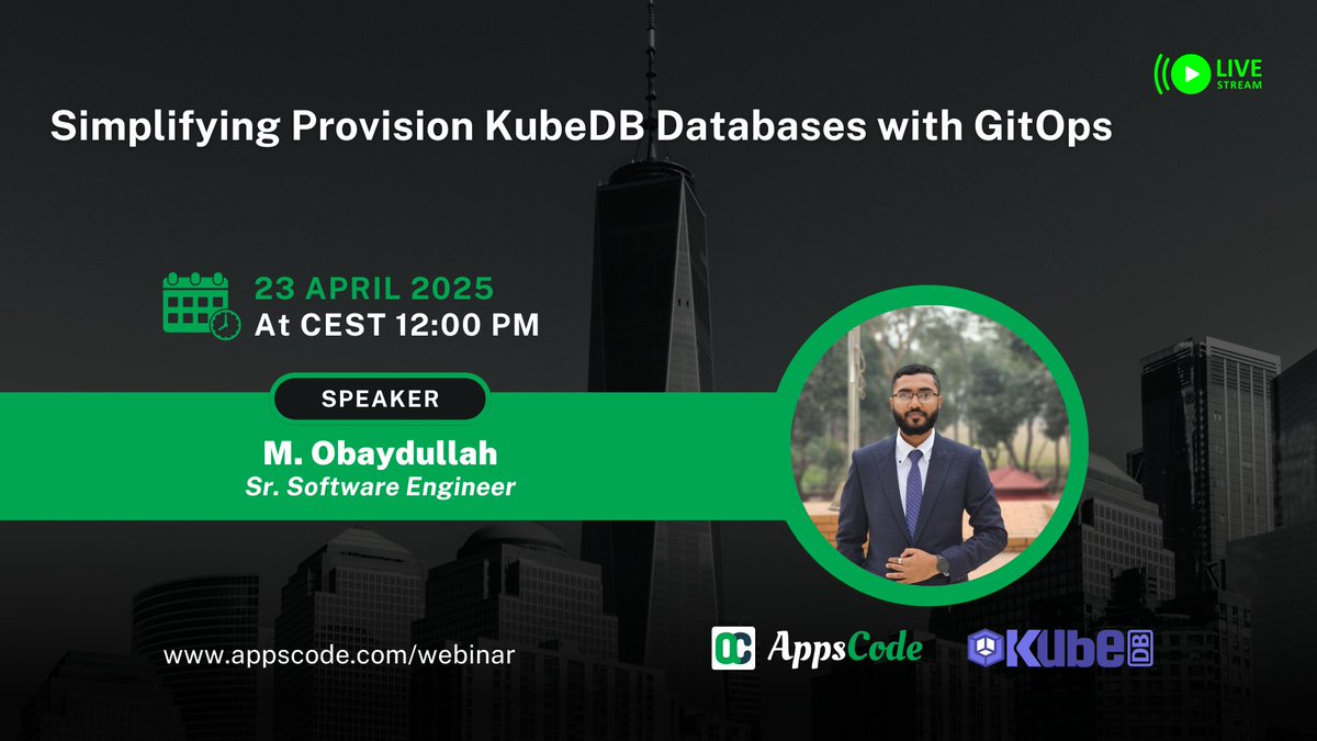 AppsCodeHQ's tweet image. Webinar Alert: Simplifying Provision KubeDB Databases with GitOps 🚀 
Join us for an in-depth webinar on Simplifying KubeDB Provision using GitOps!
📅 When: 23 April 2025, CEST 12:00 PM
🔗 Register now: appscode.com/webinar/
#AppsCode #KubeDB #Kubernetes #gitops