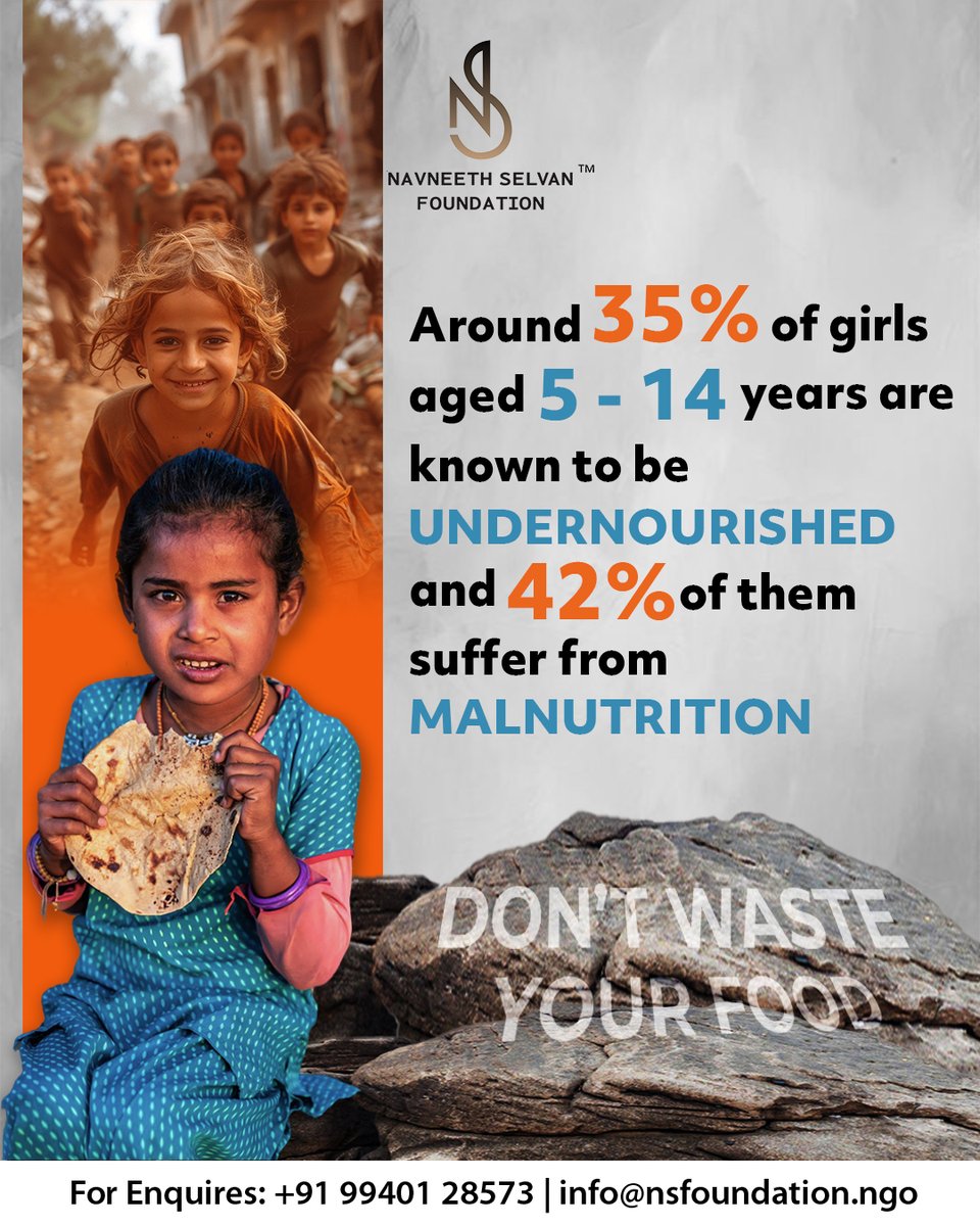 Ns_Foundation_'s tweet photo. 🍽️ Don’t Waste Your Food — It Could Save a Life.

💔 35% of girls aged 5–14 are undernourished.
💔 42% suffer from malnutrition.

While food is thrown away daily, millions of children go hungry. It’s time to change that.

For Donation
📞 +91 99401 28573 | 📧 info@nsfoundation.ngo https://t.co/s7kOpaVLLv