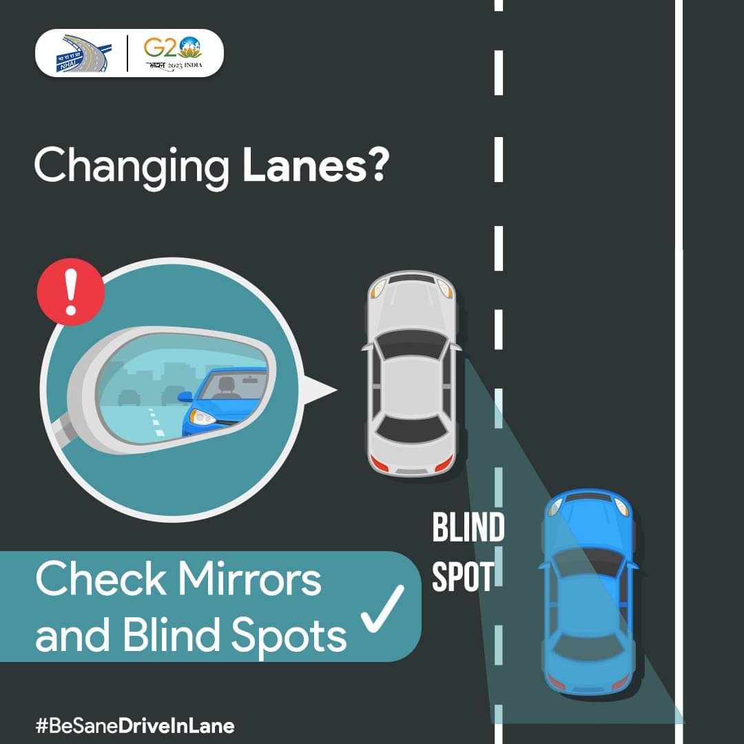 trafficchd's tweet photo. Before changing lanes, remember to check your rearview mirrors and blind spots for any vehicles in your intended path.
Drive safe and be aware of your surroundings!
#NHAI
#BeSaneDriveInLane
#WeCareForYou https://t.co/v0InRYb5nc