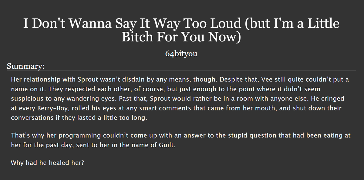 64bityou's tweet image. I DON'T WANNA SAY IT WAY TOO LOUD (BUT I'M A LITTLE BITCH FOR YOU NOW)
finished my #berryvision sickfic!! if you're on the fence about the ship, I'd really love if you read this! I worked super hard on it &lt;3
#dandysworld archiveofourown.org/works/64888087