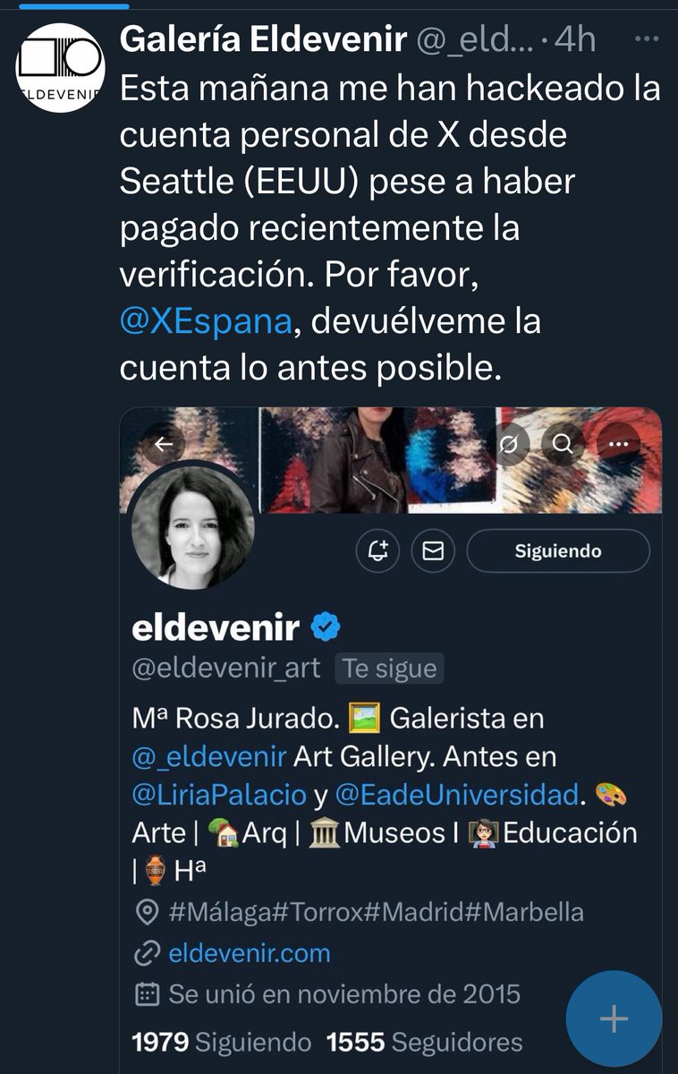 _eldevenir's tweet image. Buenos días, @XEspana. Devuélveme la cuenta que me han #hackeado, @eldevenir_art, pese a haberla verificado y aportado #DNI. Y no elimines las publicaciones en las que expongo lo sucedido, por favor.