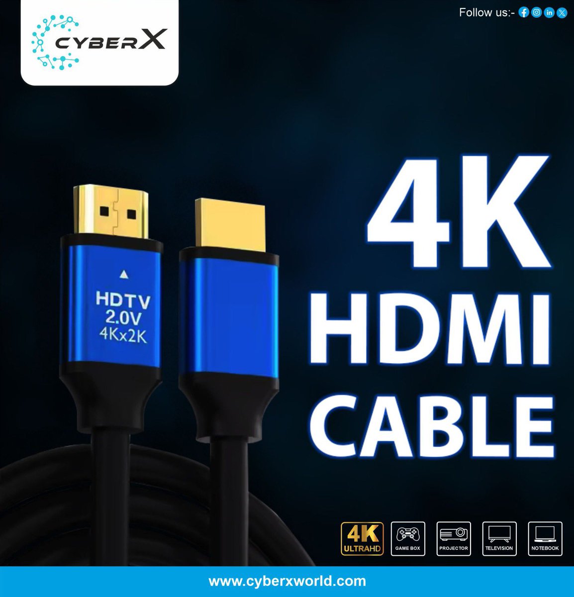 _CyberxWorld's tweet image. CyberX 4K HDMI Cable delivers crystal-clear visuals and ultra-fast connectivity. Ready for a true home theater upgrade.

#CyberX #HDMICable #4KHDMI #HomeTheaterSetup