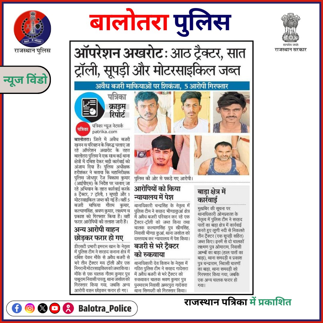 BalotraPolice's tweet photo. #BalotraPoliceInNews: बालोतरा पुलिस की कार्यवाही।

@Igp_Jodhpur
@PoliceRajasthan

#Balotra #Newspaper #RajasthanPatrika #DainikNavjyoti #BalotraPolice #BalotraNews #BalotraCity #BajriMafia #IllegalMining #OperationAkhrot #DSTAction #RajasthanPolice #PoliceAction #MiningMafia https://t.co/Sawg9SFDgl