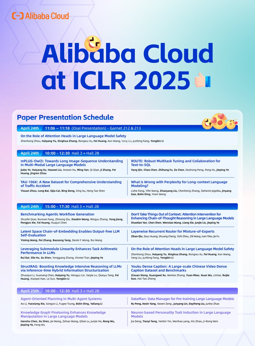 alibaba_cloud's tweet image. 🌟 Join #AlibabaCloud at #ICLR2025! 🌟

We&apos;re thrilled to showcase our latest research and innovations in #AI at ICLR 2025! Don&apos;t miss our paper presentations, workshops, and booth interactions where we&apos;ll dive into topics like: 
✅ #Qwen and #Wan Model Series 
✅ Multi-modal…