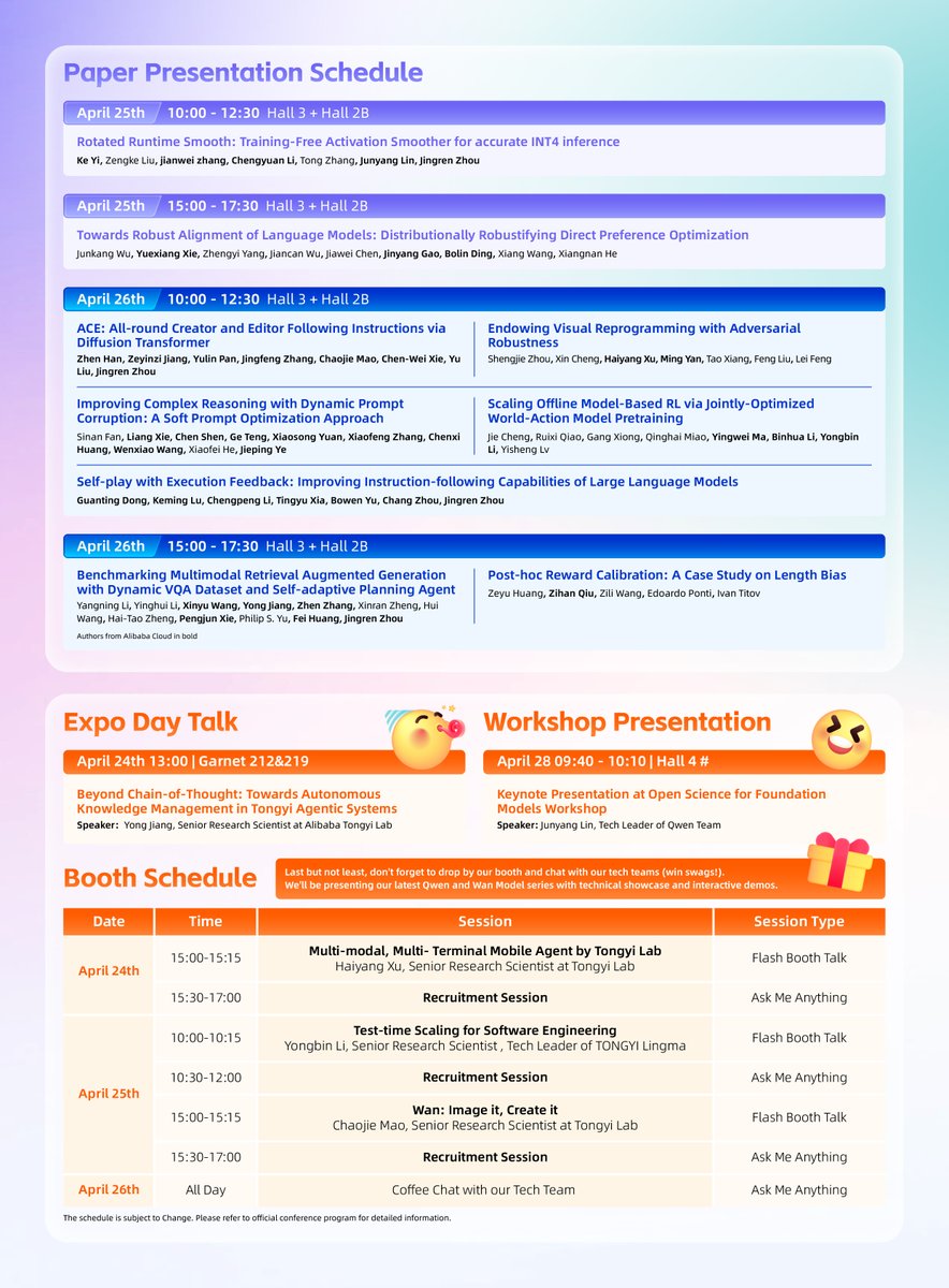 alibaba_cloud's tweet image. 🌟 Join #AlibabaCloud at #ICLR2025! 🌟

We&apos;re thrilled to showcase our latest research and innovations in #AI at ICLR 2025! Don&apos;t miss our paper presentations, workshops, and booth interactions where we&apos;ll dive into topics like: 
✅ #Qwen and #Wan Model Series 
✅ Multi-modal…