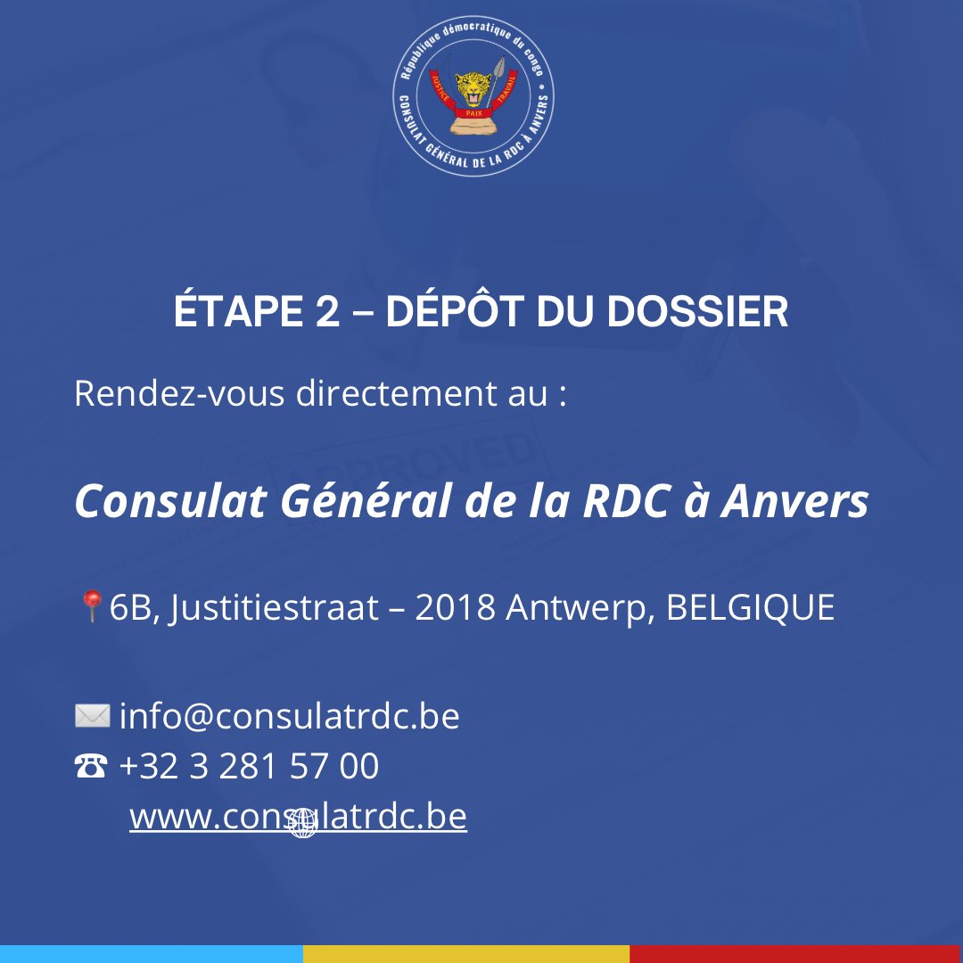 Vous êtes Congolais·e en Belgique ?
Obtenez votre carte consulaire en 2 étapes :
1.Préparez vos docs (passeport, domicile, photo)
2.Déposez au Consulat Général de la RDC à Anvers
Infos : consulatrdc.be
#CarteConsulaire #RDCBelgique #DiasporaCongolaise