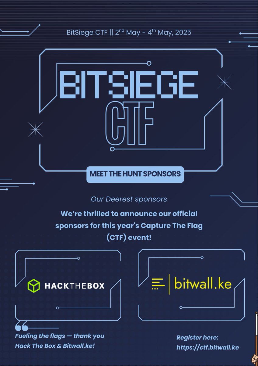 bitwall.ke (@bitwallke) on Twitter photo Forget hunting for Easter eggs - join us on 2nd May for a different kind of challenge! Register for our CTF event and be in with a chance to win awesome prizes from HackTheBox all thanks to <a href="/hackthebox_ke/">🇰🇪Hack The Box Kenya (Meetup)</a>
#bitwallke #hackthebox #CTF Forget hunting for Easter eggs - join us on 2nd May for a different kind of challenge! Register for our CTF event and be in with a chance to win awesome prizes from HackTheBox all thanks to <a href="/hackthebox_ke/">🇰🇪Hack The Box Kenya (Meetup)</a>
#bitwallke #hackthebox #CTF