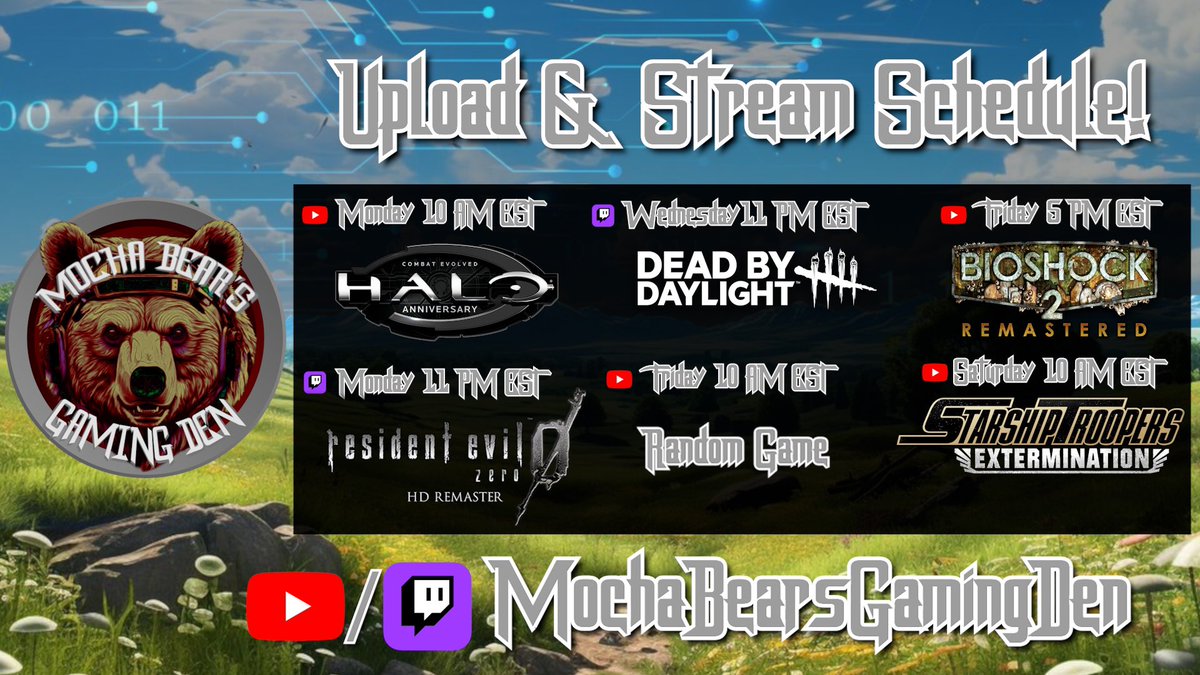 Mocha Bear’s Gaming Den (@mochabeargaming) on Twitter photo Mondays is <a href="/Halo/">Halo</a> Combat Evolved on YT & <a href="/RE_Games/">Resident Evil</a> 0 on Twitch!
Wednesday is <a href="/DeadbyDaylight/">Dead by Daylight</a> on Twitch!
Friday is Random Game & <a href="/bioshock/">BioShock</a> 2 on YT!
Saturday is <a href="/TroopersExt/">Starship Troopers: Extermination</a> on YT!
#mochabear #mochabearsgamingden #youtube #twitch #streamer #gaming #gamer #poc #NativeAmerican Mondays is <a href="/Halo/">Halo</a> Combat Evolved on YT & <a href="/RE_Games/">Resident Evil</a> 0 on Twitch!
Wednesday is <a href="/DeadbyDaylight/">Dead by Daylight</a> on Twitch!
Friday is Random Game & <a href="/bioshock/">BioShock</a> 2 on YT!
Saturday is <a href="/TroopersExt/">Starship Troopers: Extermination</a> on YT!
#mochabear #mochabearsgamingden #youtube #twitch #streamer #gaming #gamer #poc #NativeAmerican