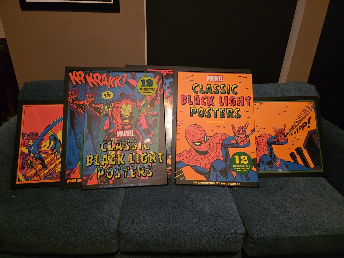 Kezilla's tweet photo. When I was a teenager in the 70s, I had the Third Eye Marvel black light posters all over my room. I purchased the recent replicas and I'm going to recreate a bit of my youth to decorate my art studio with the same poster configuration. #marvelcomics #blacklight #Nostalgia https://t.co/MVu5vDSvVL
