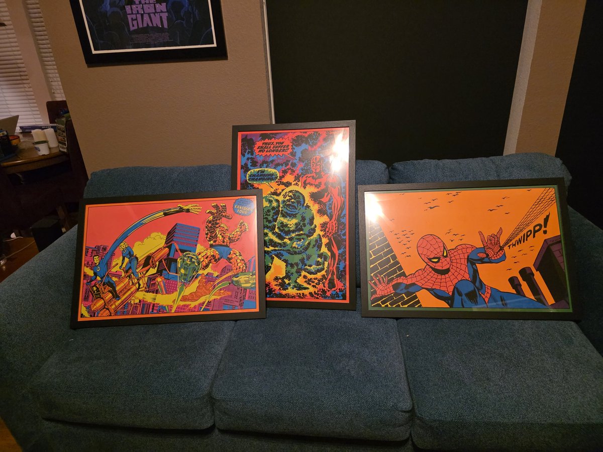Kezilla's tweet photo. When I was a teenager in the 70s, I had the Third Eye Marvel black light posters all over my room. I purchased the recent replicas and I'm going to recreate a bit of my youth to decorate my art studio with the same poster configuration. #marvelcomics #blacklight #Nostalgia https://t.co/MVu5vDSvVL